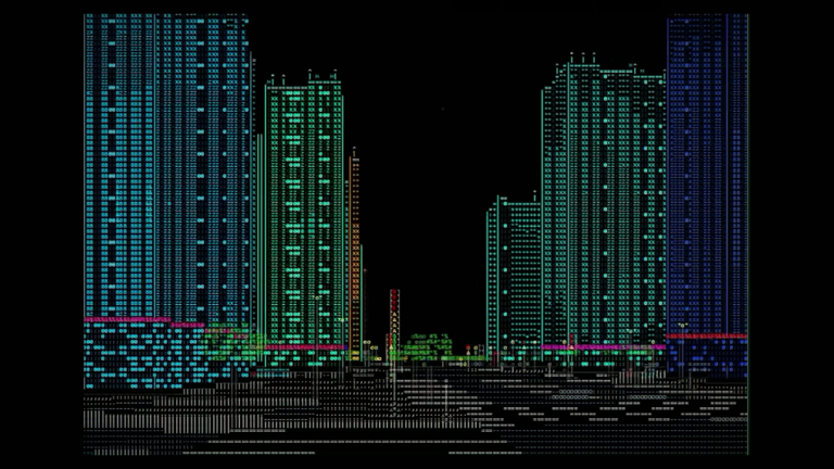 Walk through a 3D cyberpunk city built purely from ASCII characters