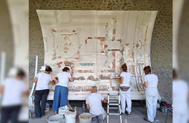 Partially restored ancient fresco depicting marriage of Dionysus ...