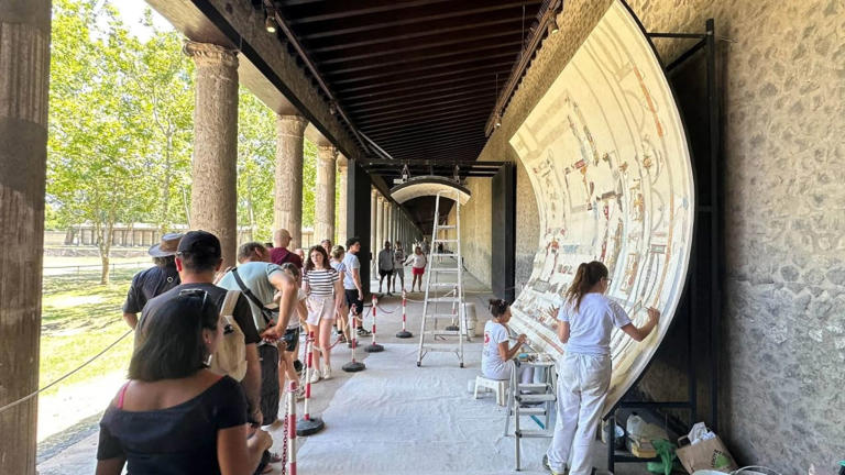 Partially restored ancient fresco depicting marriage of Dionysus ...