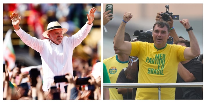 Lula e Flávio Bolsonaro estão empatados tecnicamente em possível cenário de segundo turno, de acordo com nova rodada da pesquisa BTG/Nexus Foto: Wilton Junior/Estadão e Pedro Kirilos/Estadão