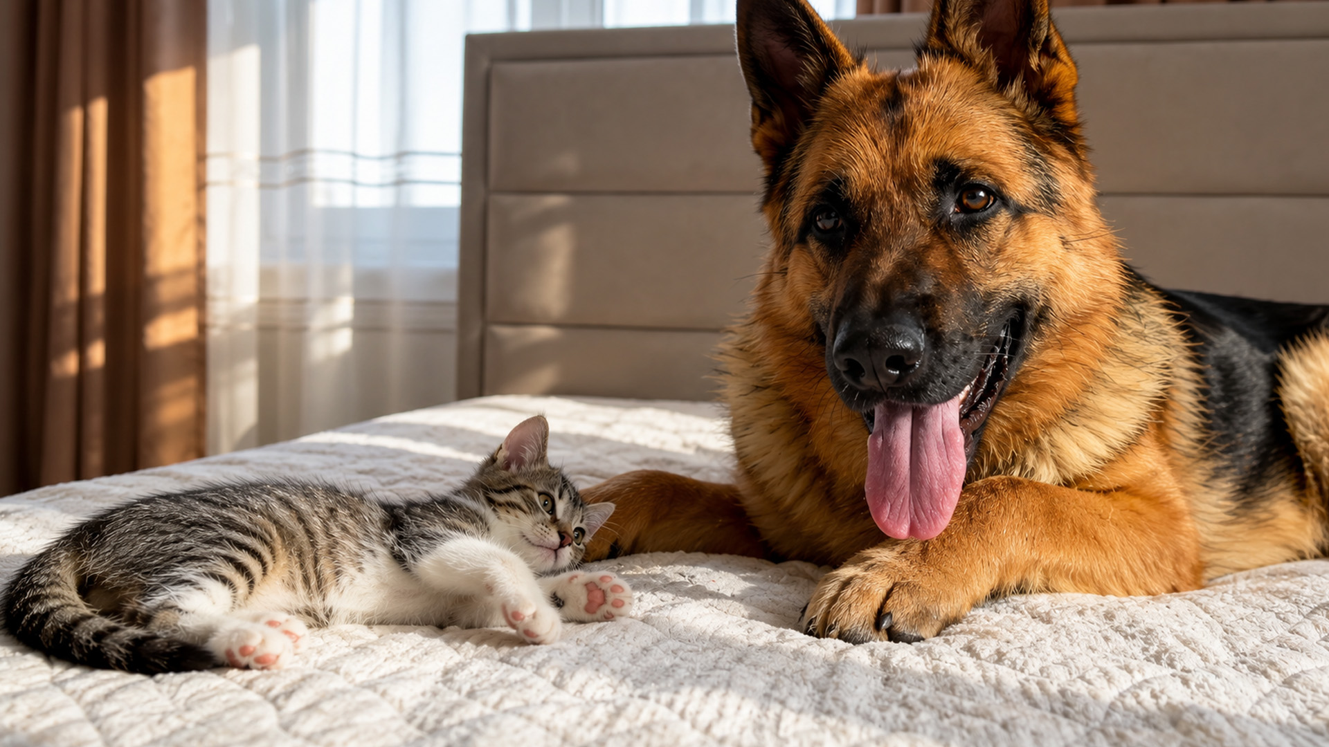Baby kittens share a calm moment with German shepherd