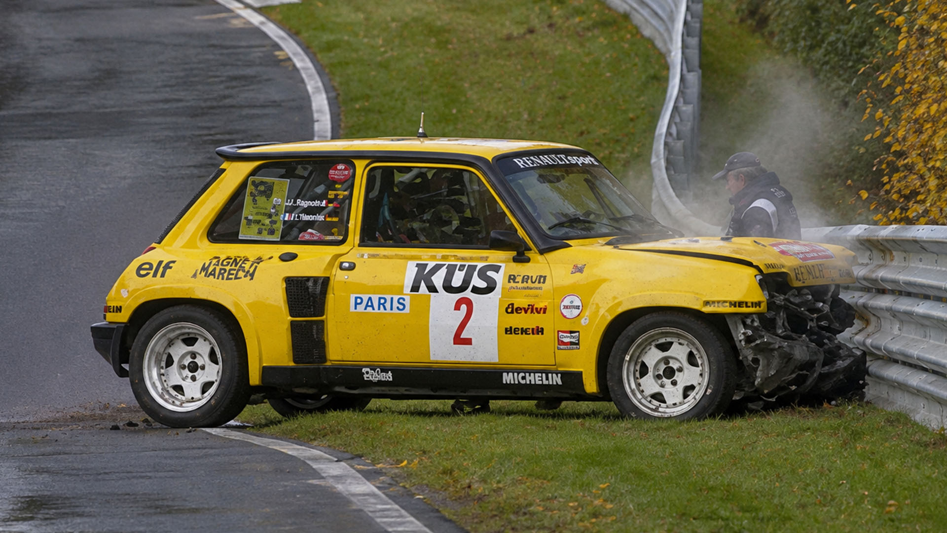 Rally car crashes hard into barrier during wild Nürburgring action
