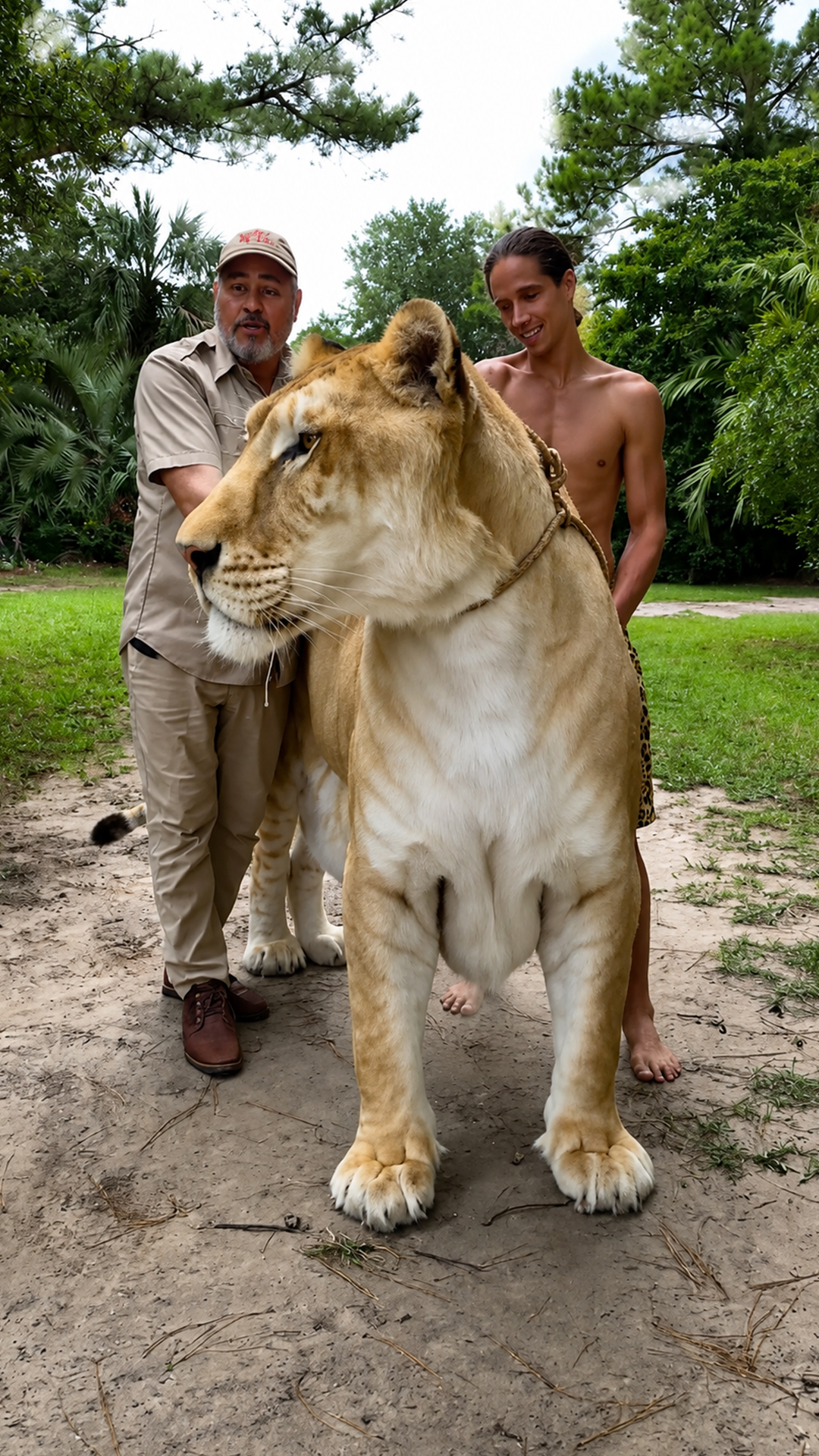 Wildlife handler walks beside massive liger at Myrtle Beach Safari