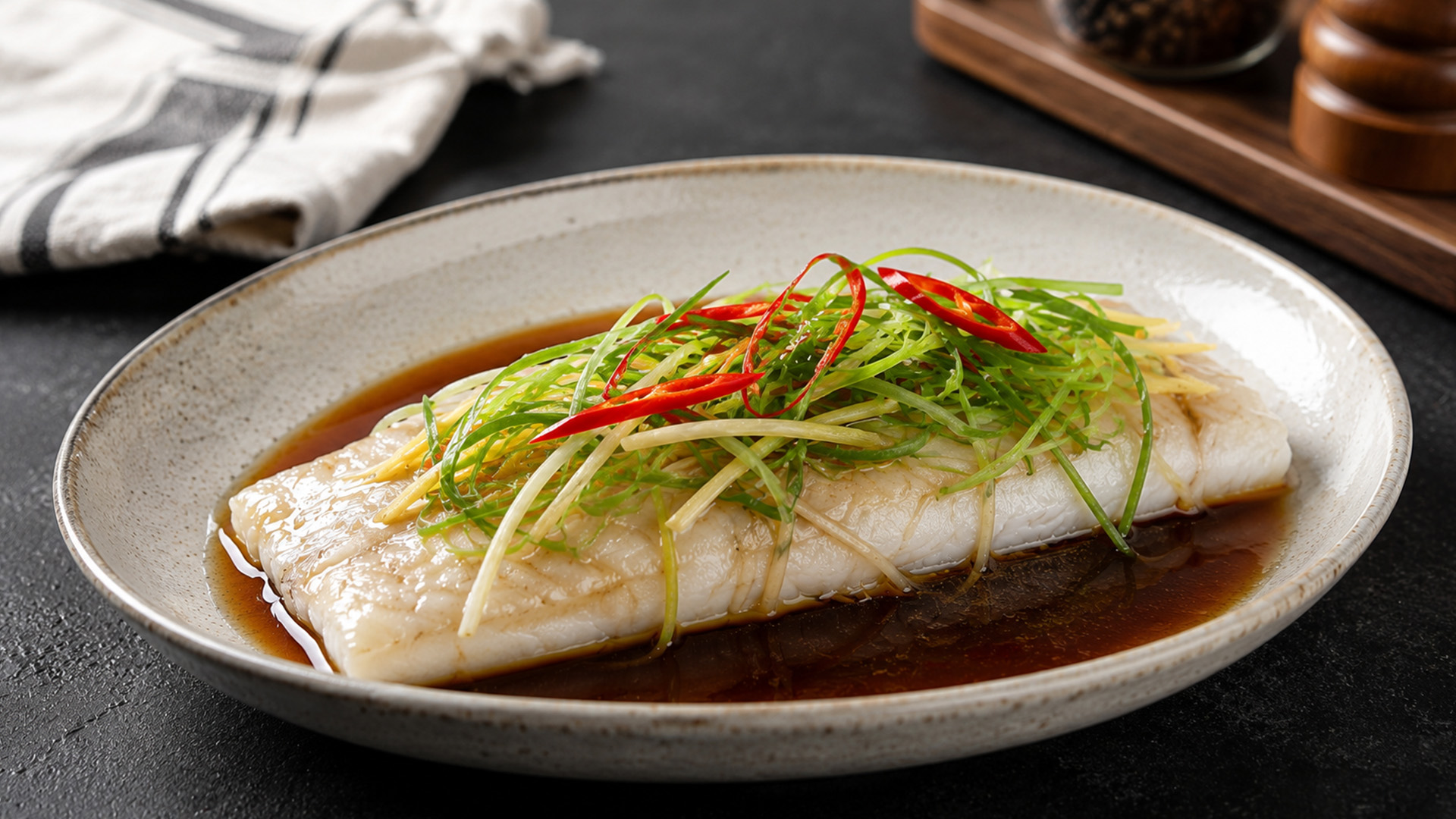 Sesame oil finishes steamed fish with rich aroma