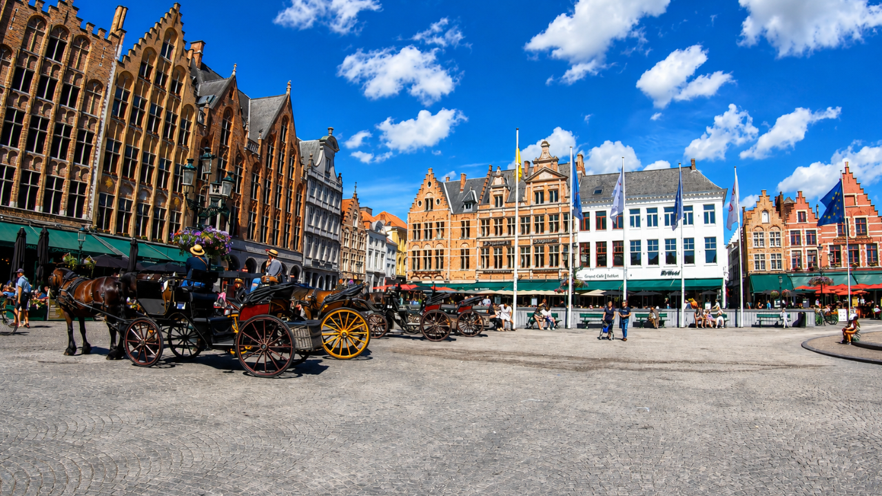 Horse carriages cross Bruges’ historic market square (4K)