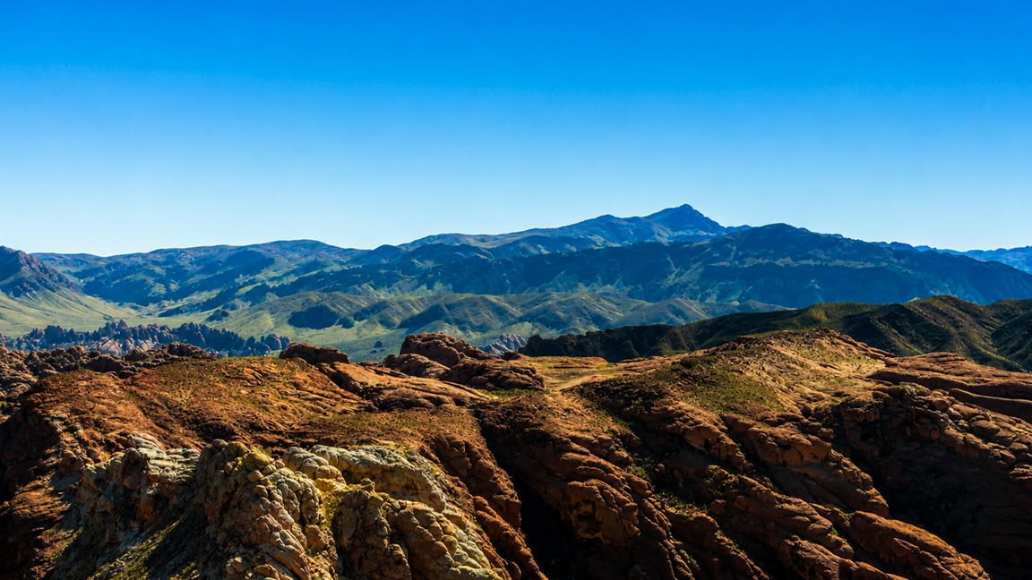 Rugged red rock formations beneath endless mountains