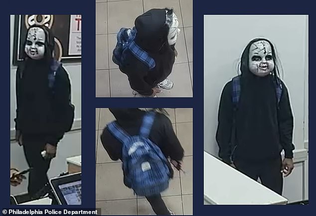 Investigators released several photos of the suspect, which show him sporting the Chucky mask and a blue plaid backpack