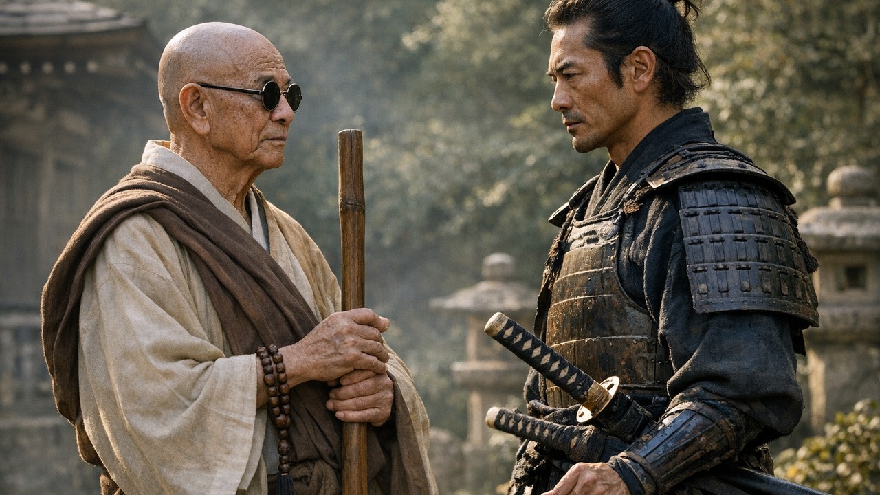 One blind monk. One ghost samurai. Both ears cut off.