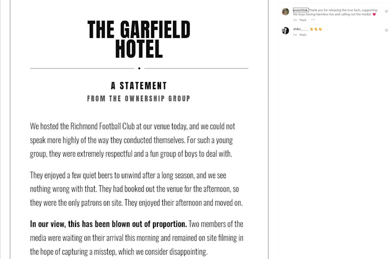 Tigers release statement on 'embarrassing' vision, link to Swans scandal
