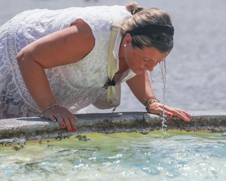 A woman dips her head in the lion fountain in Piazza del Popolo in Rome in an attempt to cool down on a scorching August day. Photograph: Amer Ghazzal/Shutterstock