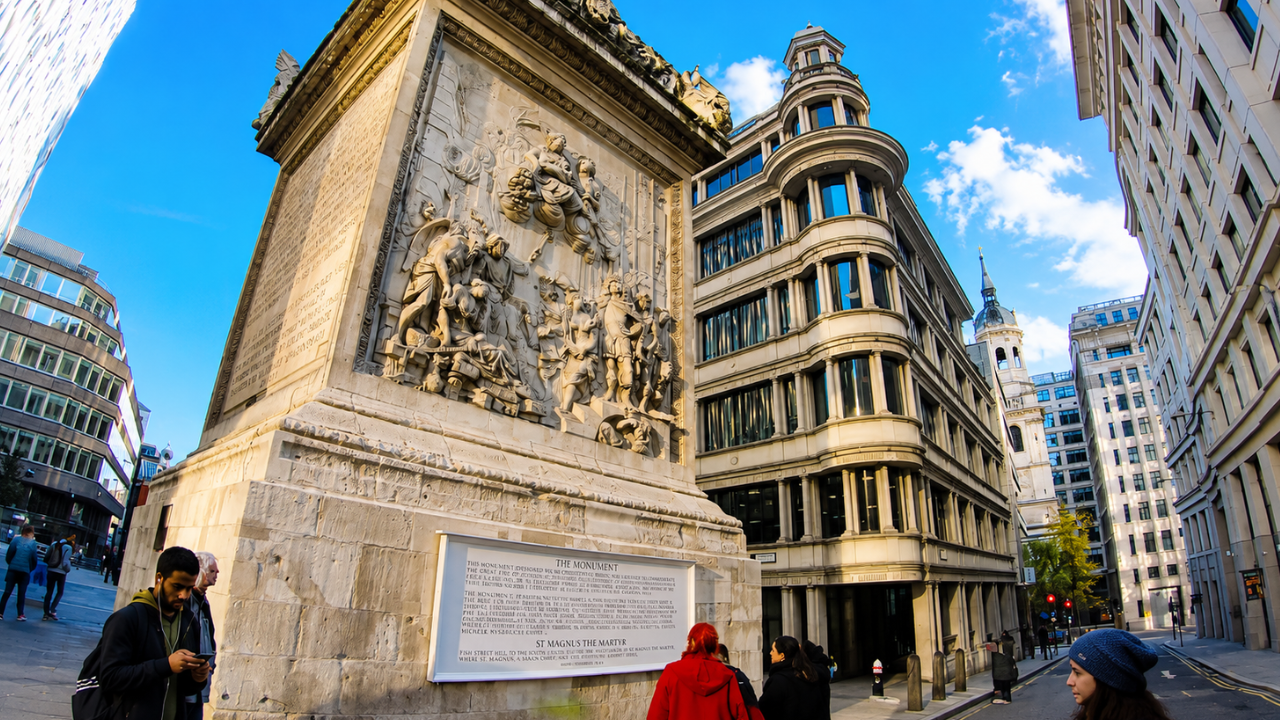 What do these giant stone carvings in London represent?