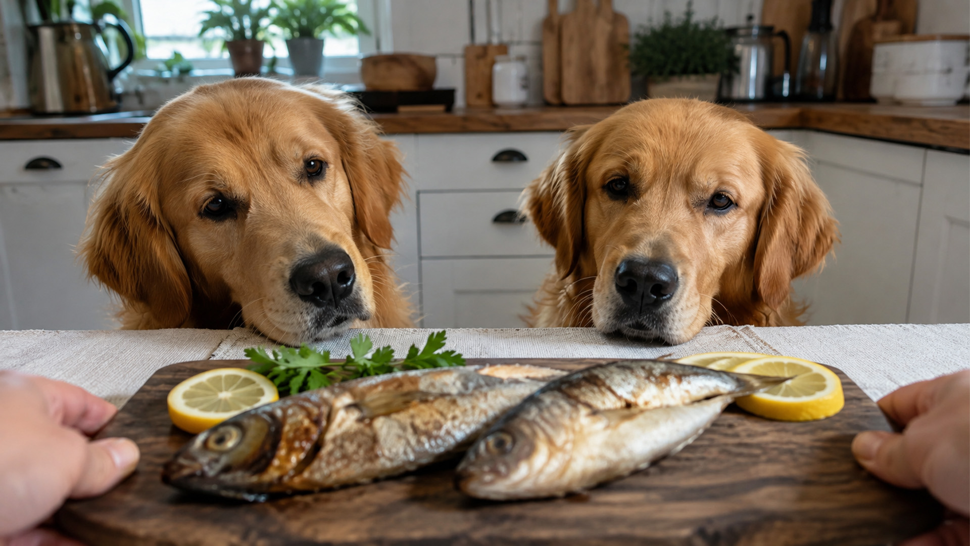 Golden retrievers study a suspicious fish dinner