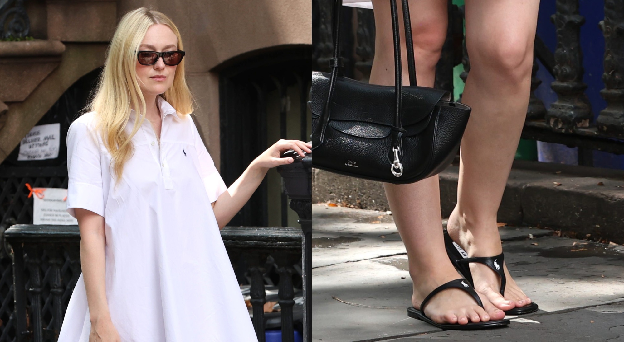 Dakota Fanning gives the thong sandal trend a tenniscore spin
