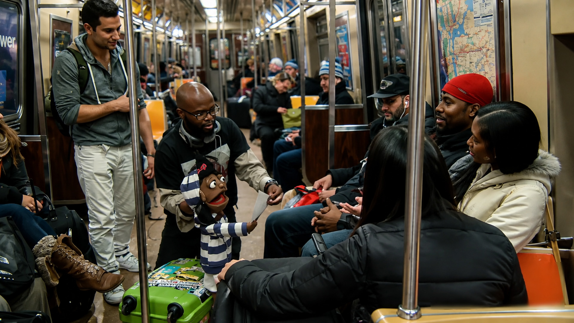 Ventriloquist puppet prank surprises subway riders