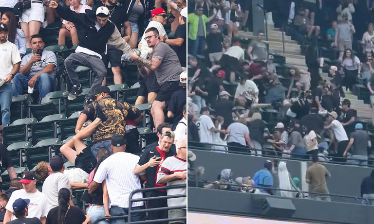 Crazed baseball fan launches flying kick as another brawl breaks out in ...