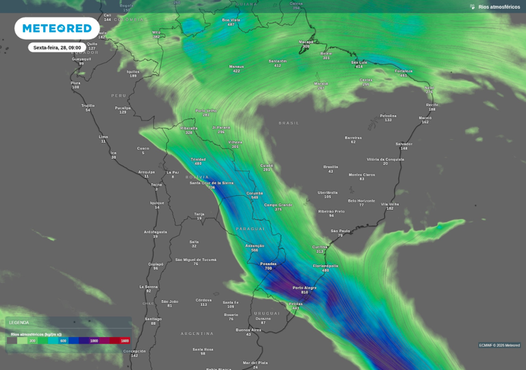 Previsão de rio atmosférico sobre o Sul do Brasil nesta sexta-feira (28), segundo o ECMWF.