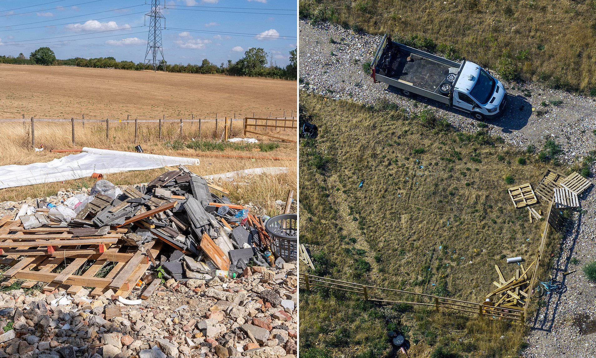 Abandoned vehicles and rubbish piles left behind by travellers who set up illegal land grab camp