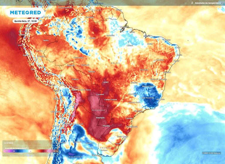 Temperaturas ficam acima da média para áreas do Centro-Oeste, Nordeste, Norte e Sul do Brasil na tarde desta quinta-feira (27).