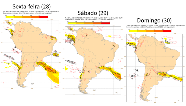 EFI do ECMWF para a precipitação, destacando na escala de cores áreas em alerta para chuvas incomuns a extremas. Créditos: Meteored/ECMWF.