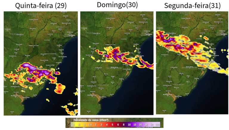 Previsão de tempestades severas entre quinta (27) e segunda-feira (31), segundo o ECMWF.