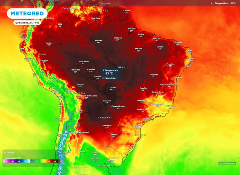 Mapa mostra o calor atuando em todo o Brasil. Termômetros devem superar os 40°C em várias localidades.