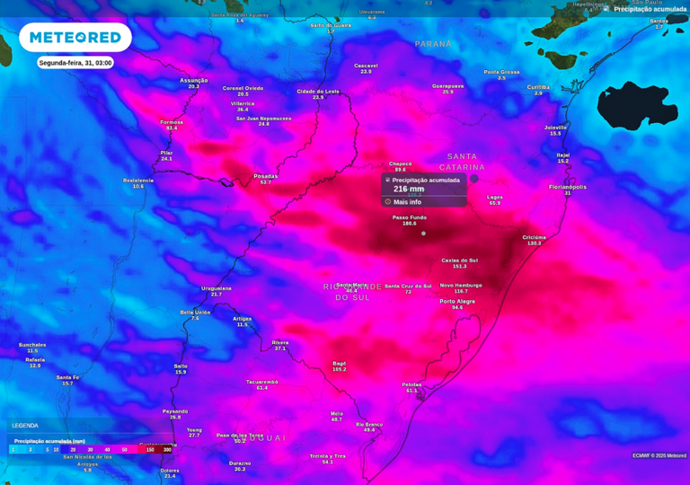 Previsão de chuva acumulada (mm) até o final de domingo (30), segundo o ECMWF.