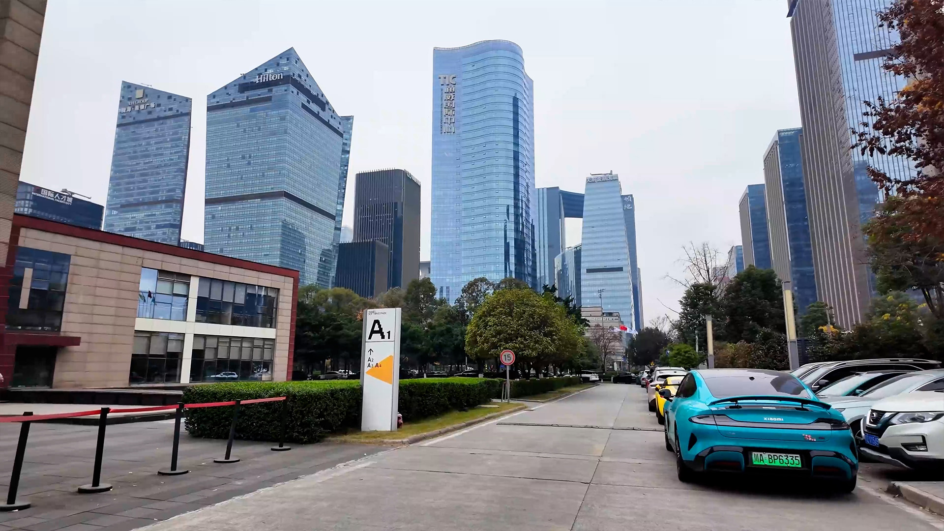 Sleek glass towers create a dramatic skyline in this Chinese district