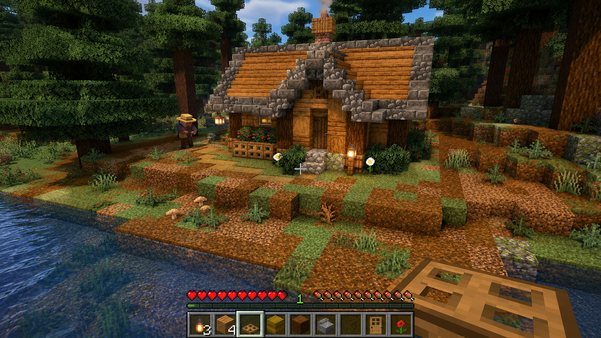 A cozy Minecraft starter house with warm spruce details