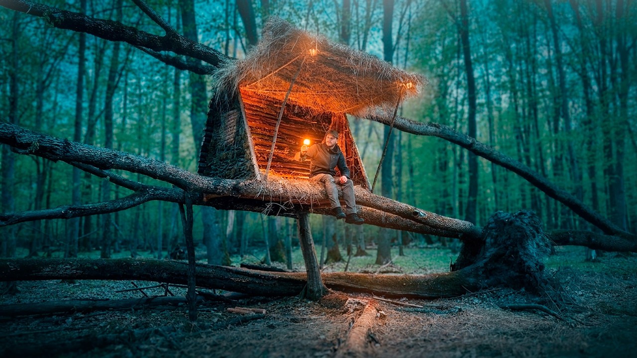 A cozy tree shelter built deep in the woods
