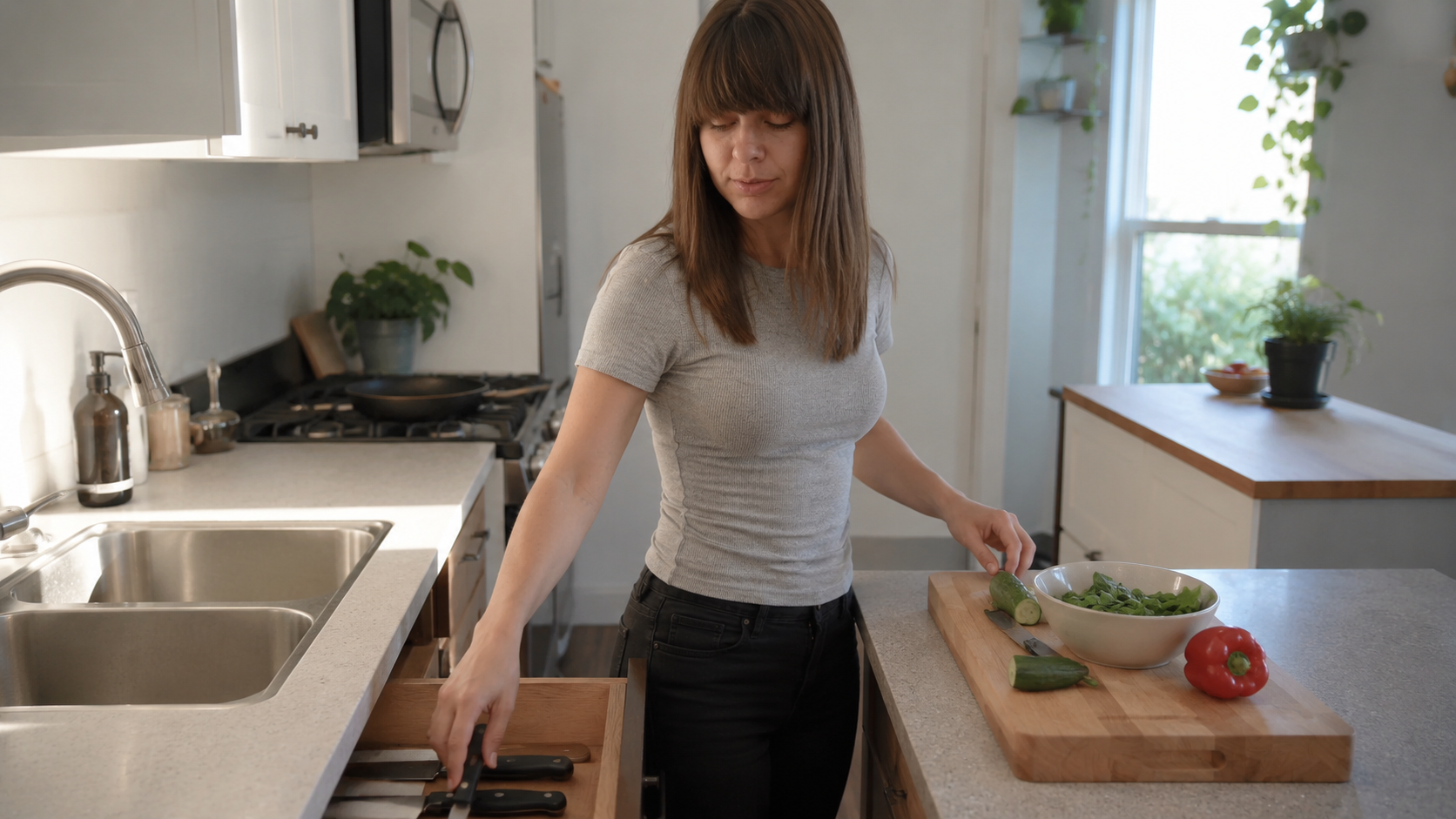 Minimalist kitchen layout prioritizes cooking workflow