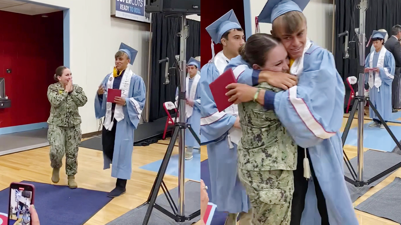 Navy sister surprises brother at graduation after long absence