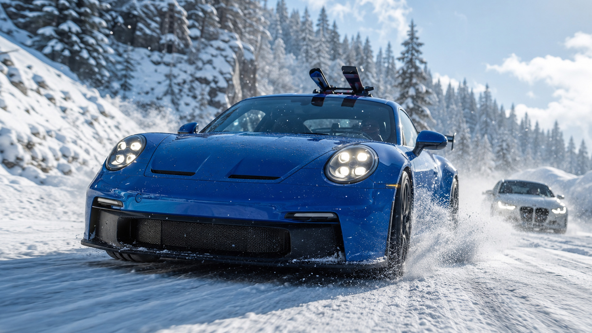 Porsche 992 GT3 and BMW M3 drift snow until parts break