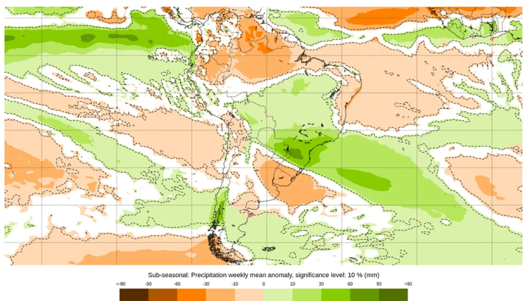 Previsão de anomalia de chuva entre 31 de agosto e 7 de setembro, segundo o modelo ECMWF. Créditos: ECMWF.