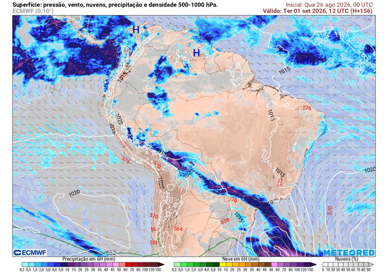 Previsão de chuva relacionada à frente fria para terça-feira (1°), segundo o ECMWF.