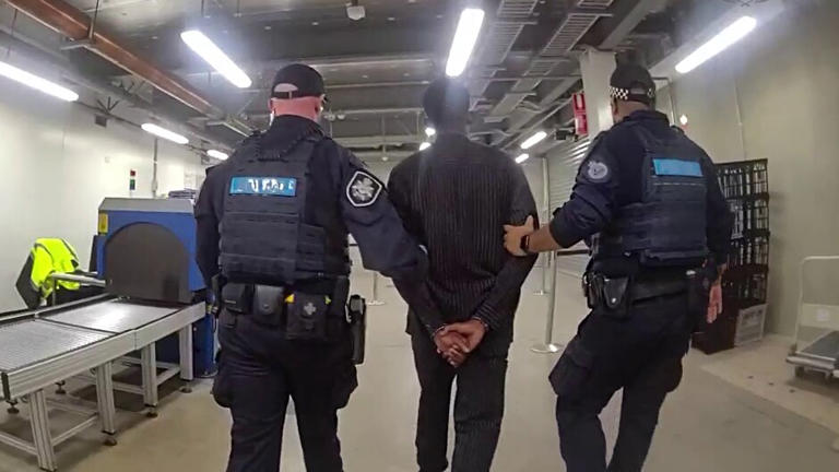 Australian Federal Police officers arrest Foluso Omole for his alleged involvement in a $5 million NDIS fraud plot. (Supplied: Australian Federal Police)