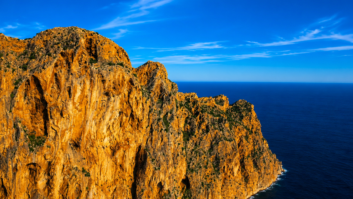 Golden cliffs rise above the deep blue ocean