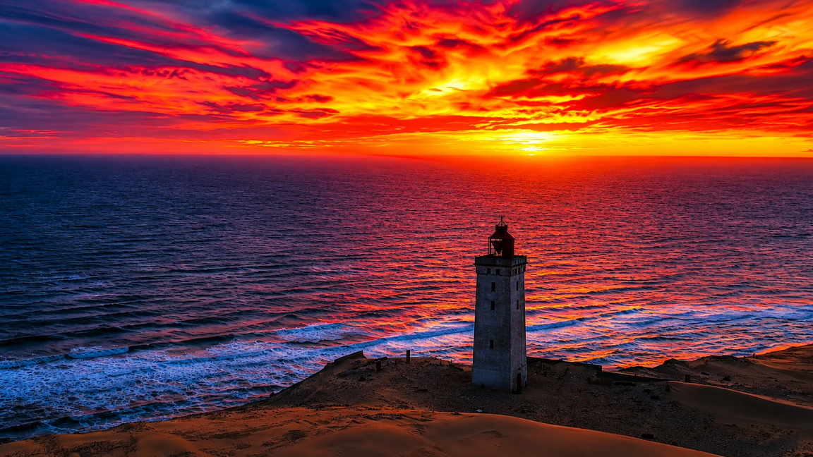 A lone lighthouse beneath a fiery sunset over the ocean