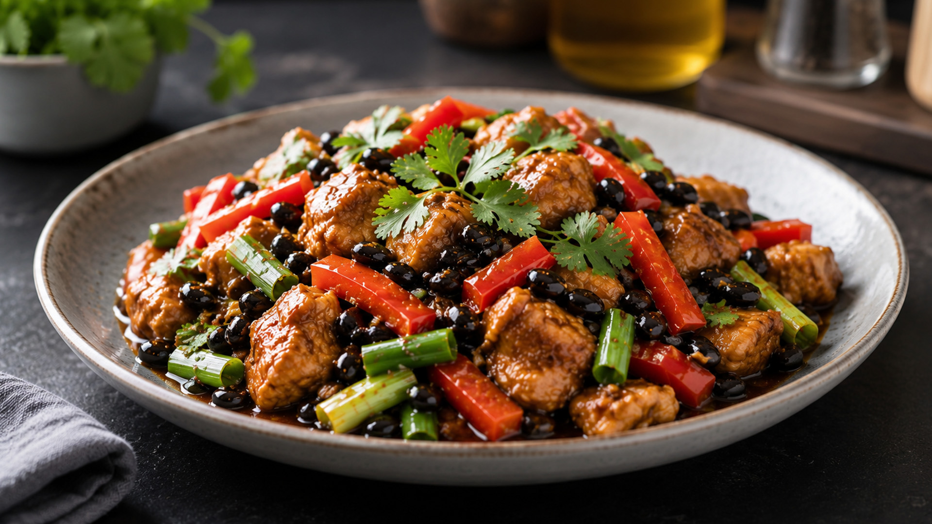 What gives chicken black bean stew its deep flavor?