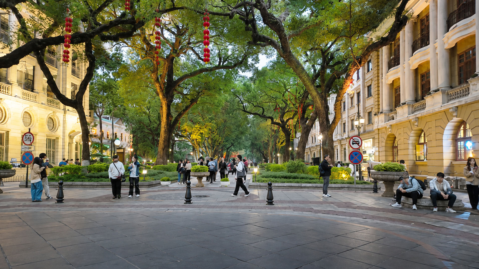 Historic colonial buildings frame this beautiful tree covered ...