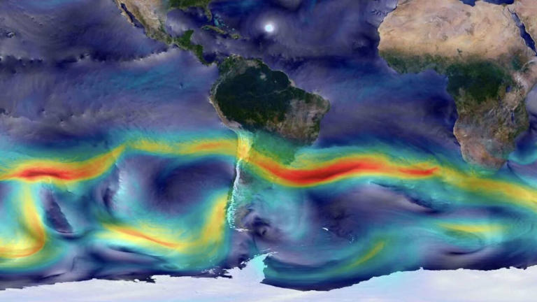 Visualización de los vientos sobre Sudamérica, que transportan la humedad y dan forma a los ríos aéreos (Stocktrek)