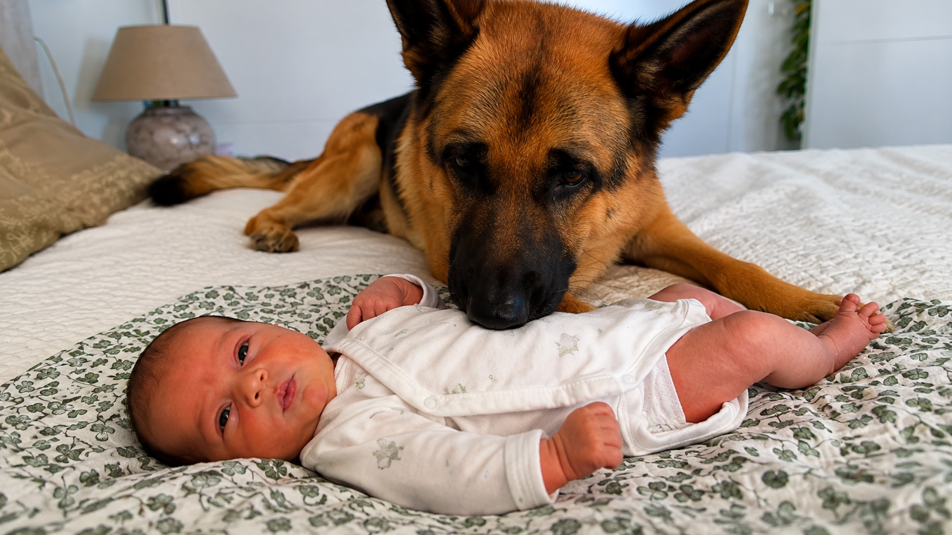 German shepherd watches over newborn with gentle care