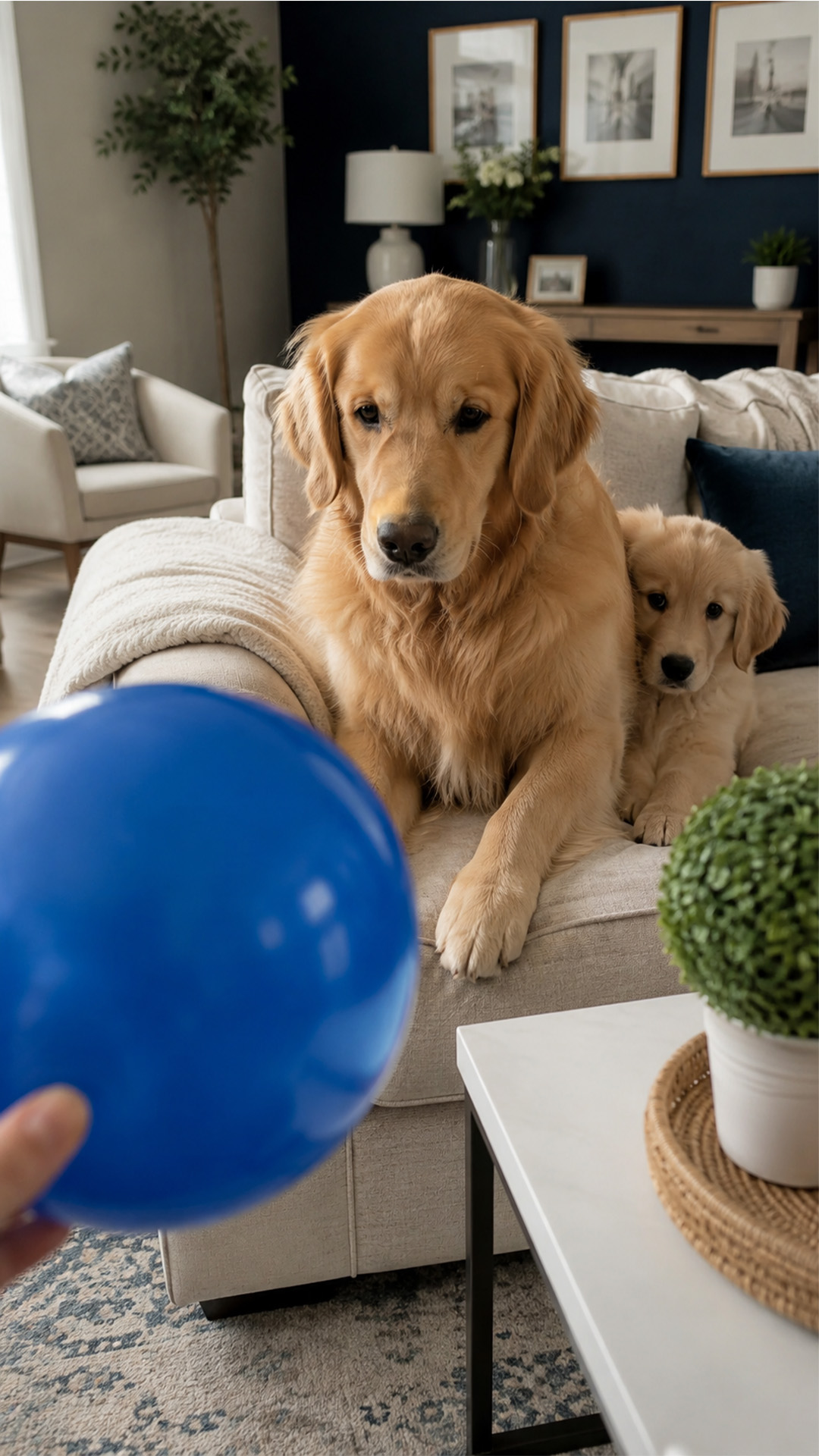 Golden retriever investigates the strange blue balloon