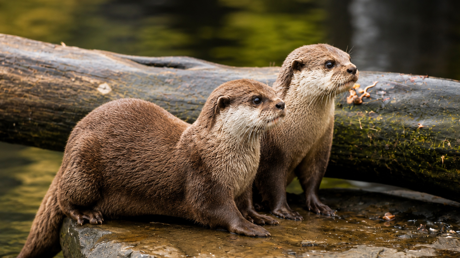 Hidden camera captures two otters resting beside the water