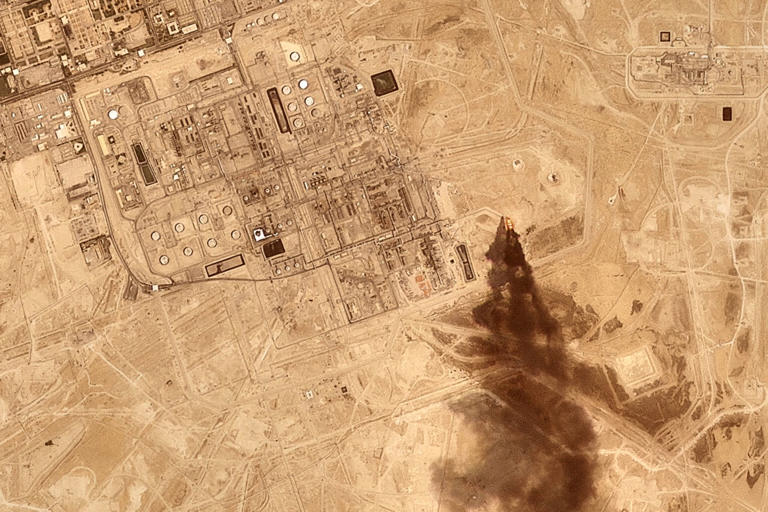 This satellite image shows smoke rising from the Saudi Aramco oil processing facility in Abqaiq, Saudi Arabia, in July.