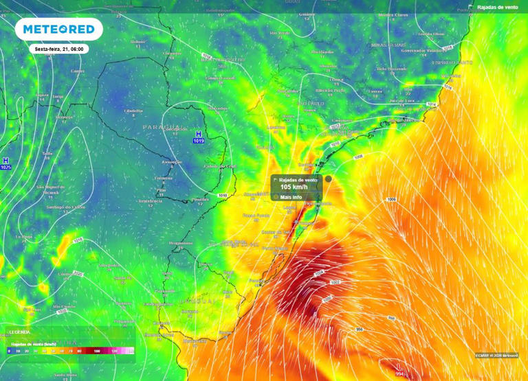 Alerta de rajadas de vento de 100 km/h na madrugada e manhã da sexta-feira (21).