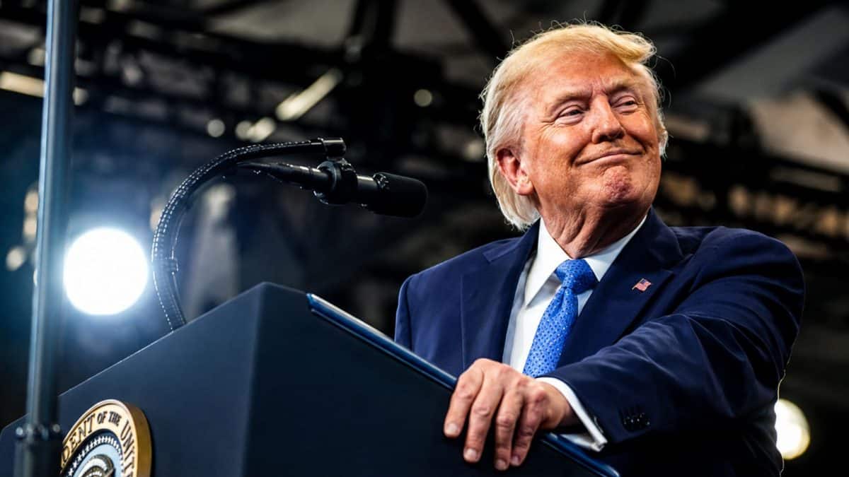 US President Donald Trump delivers remarks at David S. Mack Center for Training and Intelligence in Garden City, New York, US, August 14, 2026. Reuters File