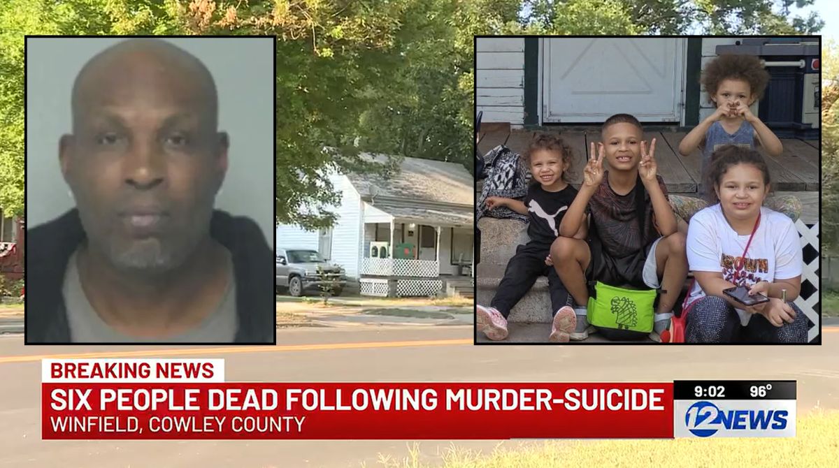 Insets (left to right): Ronald Williams Sr., Williams' four children Kelly, Ronald Jr., Sarah, and Carol (Kansas Bureau of Investigation). Background: News footage of the home in Winfield, Kan., where six people were found dead (KWCH).
