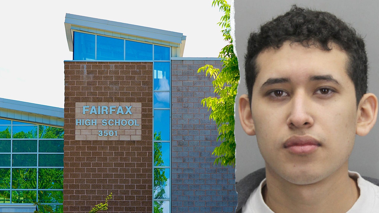 The Fairfax High School campus in Fairfax, Virginia, on March 15, 2022, left, and a March 2025 mugshot of Israel Flores Ortiz, who is accused of groping girls at the school, right. Getty Images