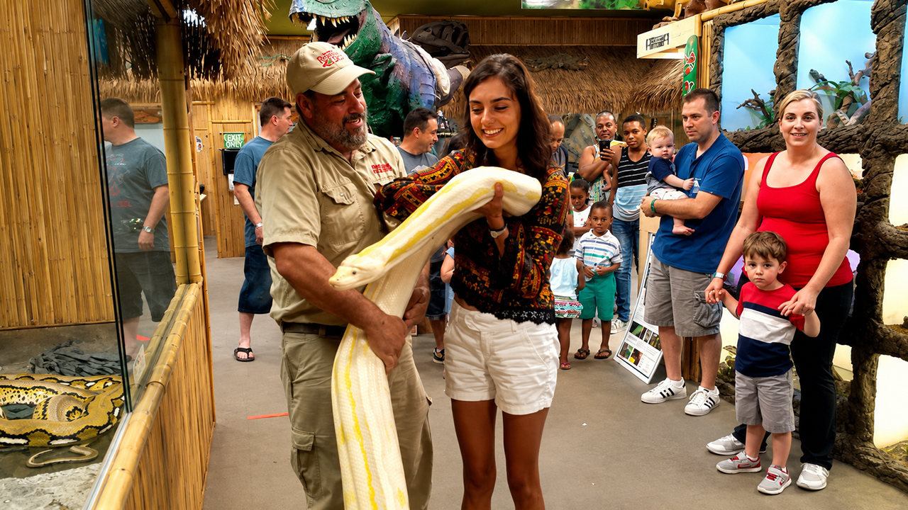 Giant albino reticulated python meets visitors during World Snake Day