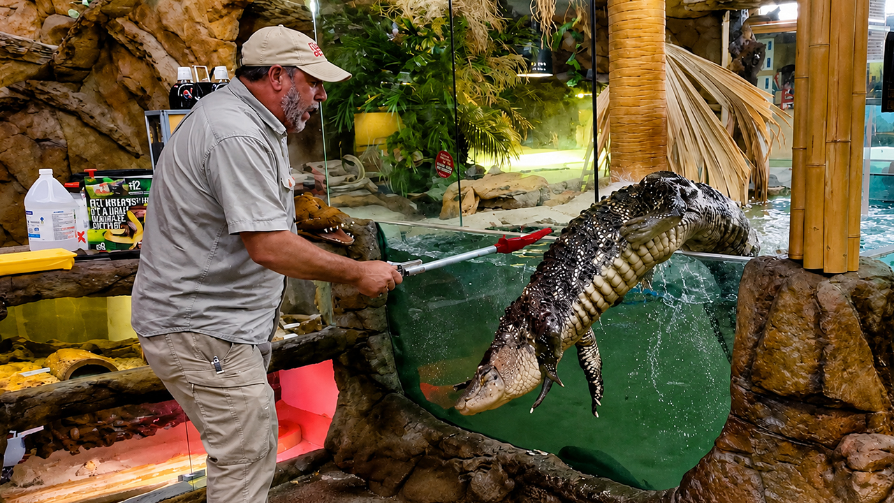 American alligator jumps from enclosure during his feeding session